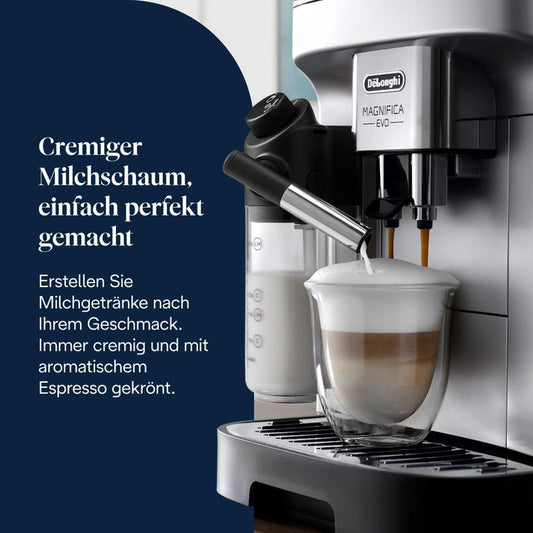 De’Longhi Magnifica Evo - Kaffeevollautomat mit Vollautomatischem cremigen Milchschaum, 7 One-Touch-Getränke, Cappuccino & Espresso, Kaffeemaschine, Soft-Touch-Bedienfeld, Silber (ECAM292.81.SB)